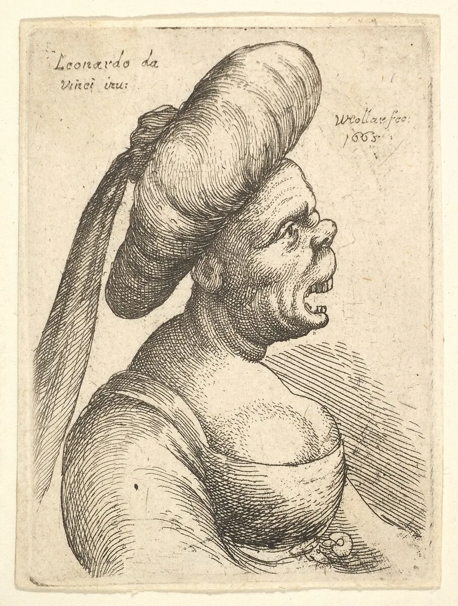 Bust of woman with wide open mouth and up-turned nose, wearing large flat turban with cloth hanging down behind in profile to right — Leonardo da Vinci|Wenceslaus Hollar