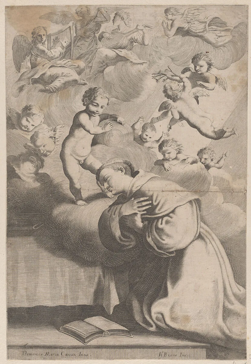 A male saint kneeling before the Christ child — Domenico Maria Canuti|Anonymous