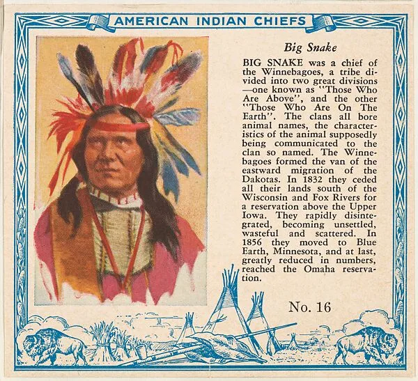 Card No. 16, Big Snake, from the Indian Chiefs series (T129) issued by Red Man Chewing Tobacco — Red Man Chewing Tobacco