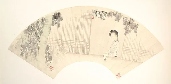 清/現代 俞明 桐窗仕女圖 摺扇|Woman by a window beneath a wutong tree — Yu Ming
