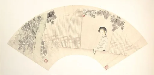 清/現代 俞明 桐窗仕女圖 摺扇|Woman by a window beneath a wutong tree