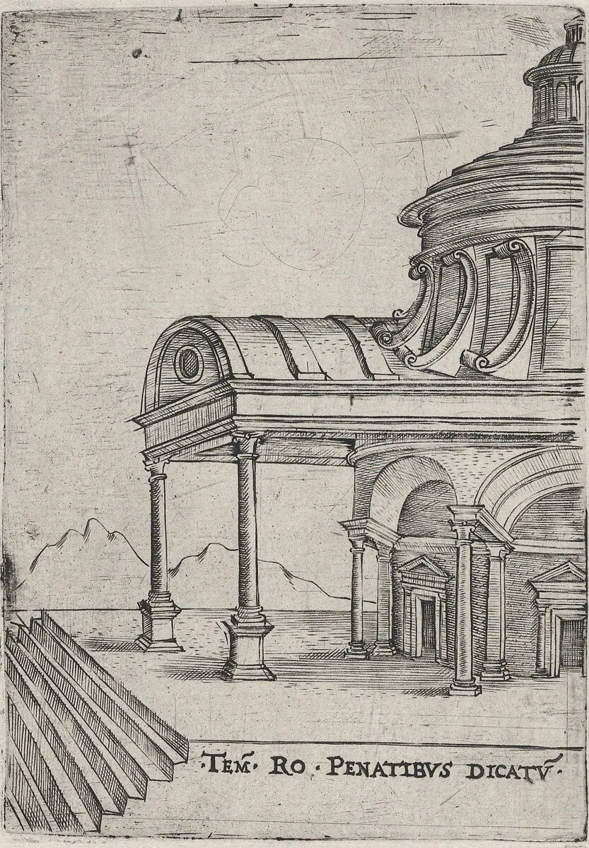 Tem. Ro. Penatibus Dicatu, from a Series of 24 Depicting (Reconstructed) Buildings from Roman Antiquity — Monogrammist G.A. & the Caltrop|Anonymous, Italian, 16th century