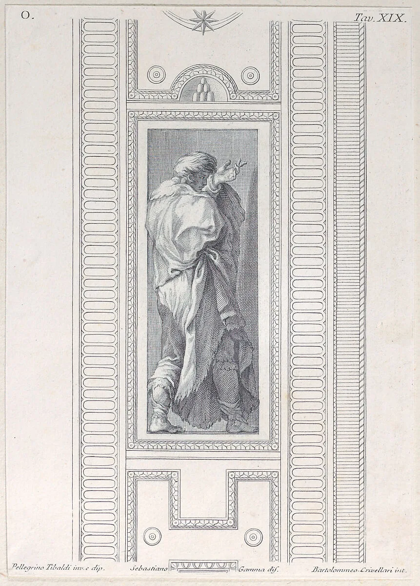 Plate 19: figure seen from behind with left hand raised — Bartolomeo Crivellari|Giampietro Zanotti|Pellegrino Tibaldi|Sebastiano Gamma