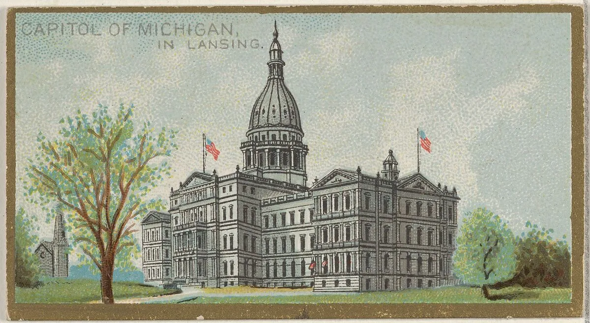 Capitol of Michigan in Lansing, from the General Government and State Capitol Buildings series (N14) for Allen & Ginter Cigarettes Brands — Allen & Ginter|The Gast Lithograph & Engraving Company