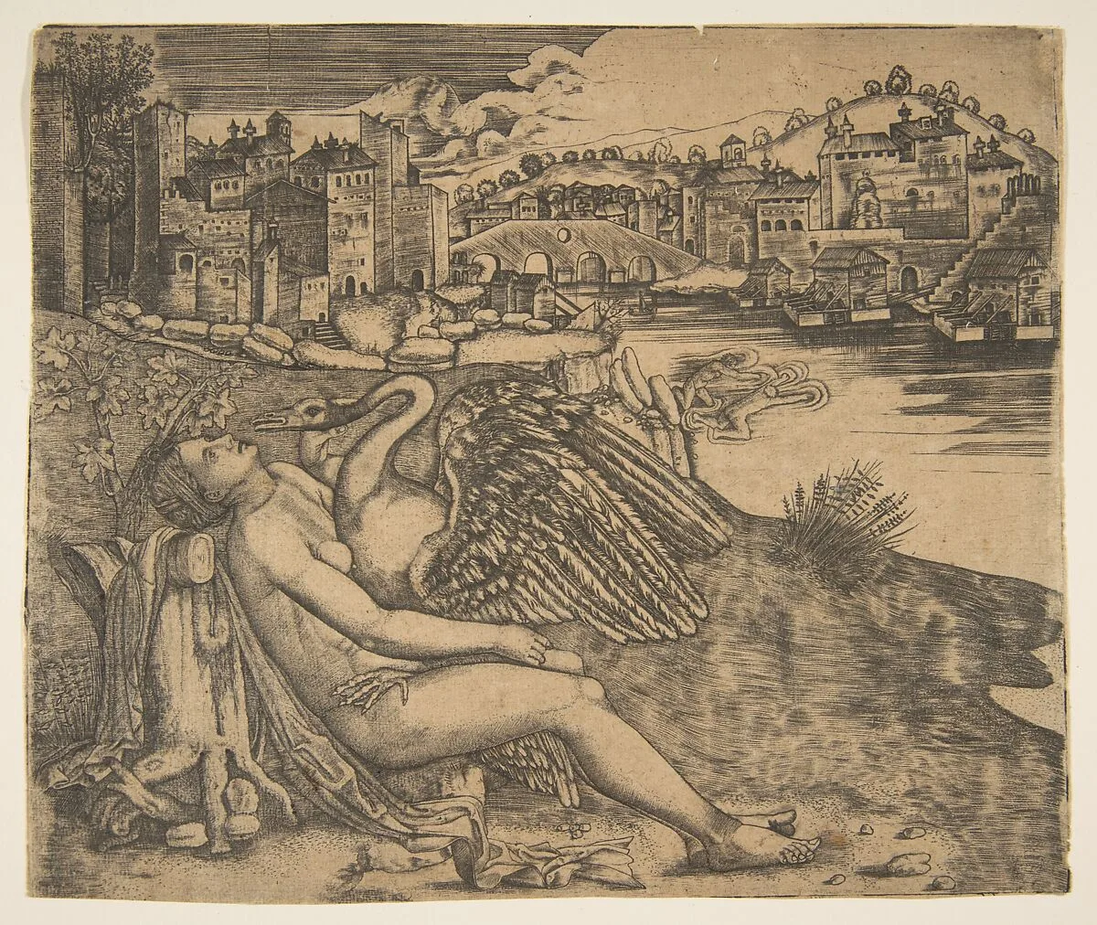 Naked woman (Leda) and swan (Zeus) embrace on a river bank; two figures jump into the water at middle ground; a town and bridge in the background. — Agostino Veneziano (Agostino dei Musi)|Domenico Campagnola|Anonymous, Italian, 16th century