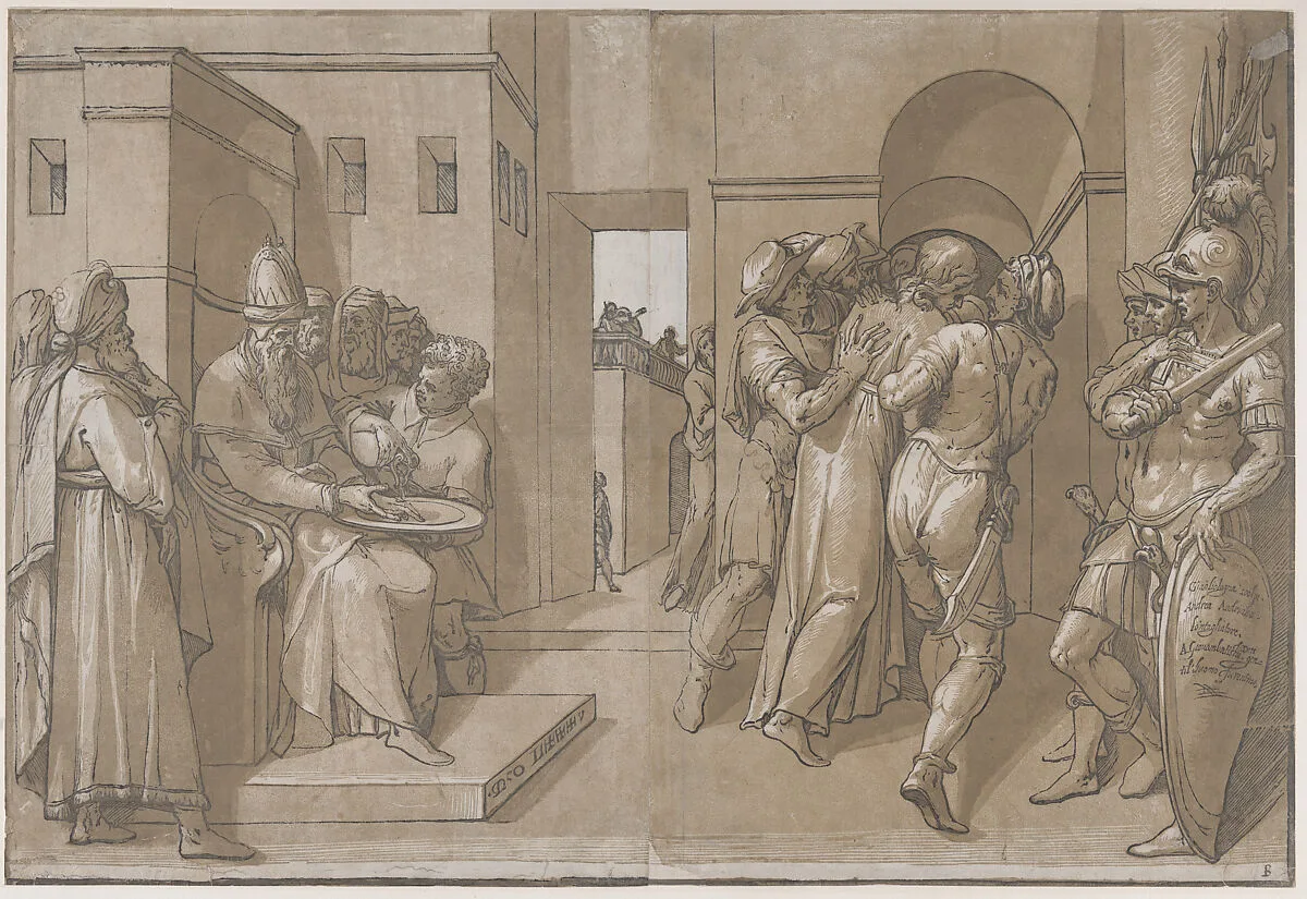 Christ is being led away, soldiers stand at the right (right side of sheet) — Andrea Andreani|Giambologna