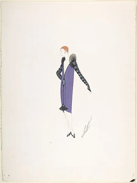 Design for Metallic Blue Evening Dress with Green and White Beads for "Manhattan Mary," Majestic Theater, New York — Erté (Romain de Tirtoff)
