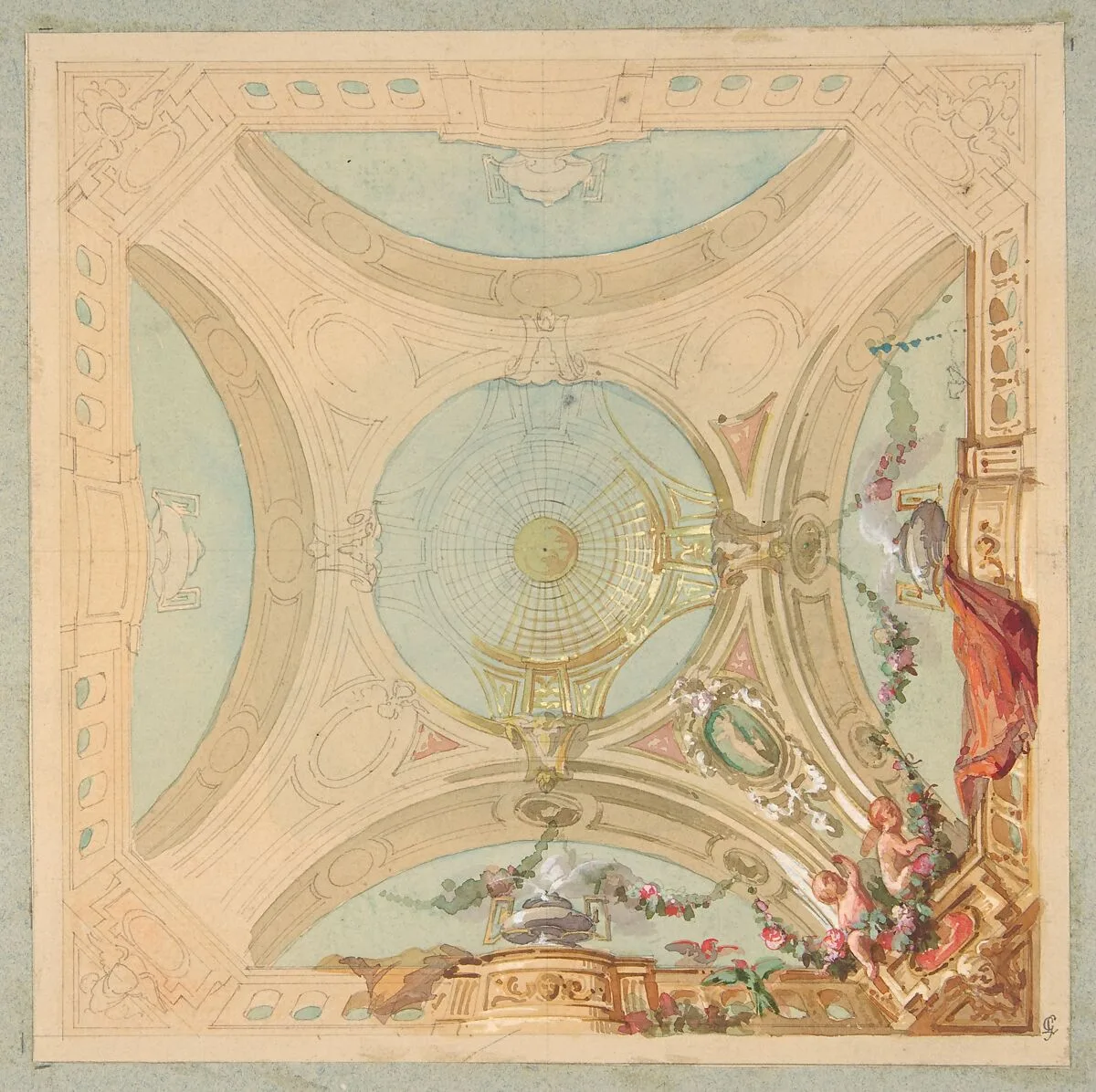 Design for a ceiling with garland bearing putti — Jules-Edmond-Charles Lachaise|Eugène-Pierre Gourdet