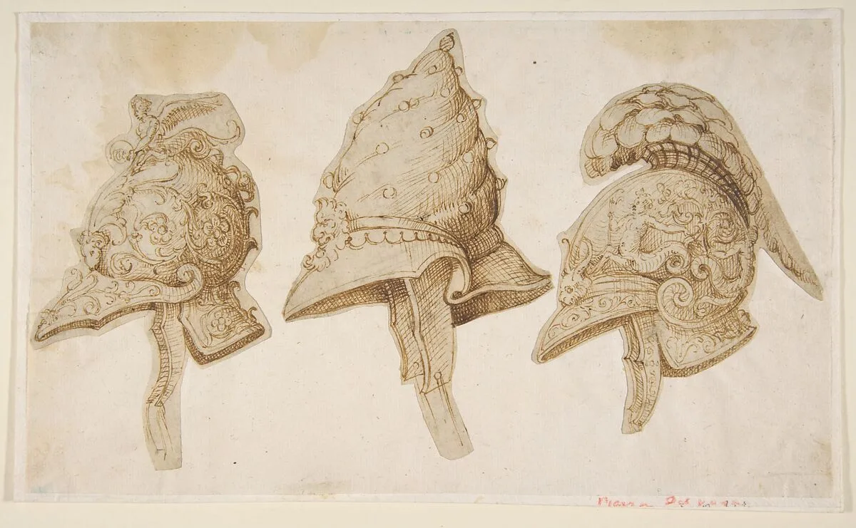 Three Designs for Helmets — Polidoro da Caravaggio