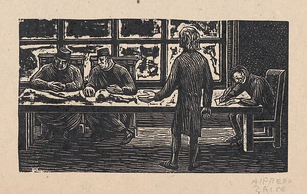 Miguel Hidalgo conversing with men seated at a table, illustration for 'Hidalgo' — Alfredo Zalce
