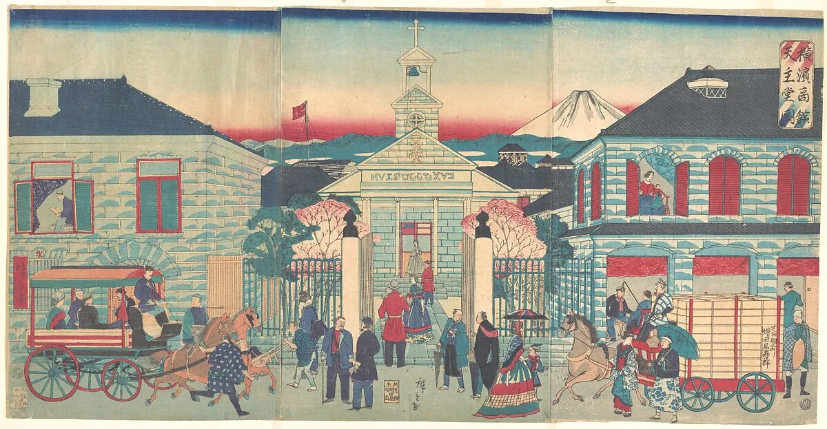 横浜商館天主堂ノ図|Illustration of Foreign Residences and the Catholic Church in Yokohama (Yokohama shōkan tenshudō no zu) — Utagawa Hiroshige III