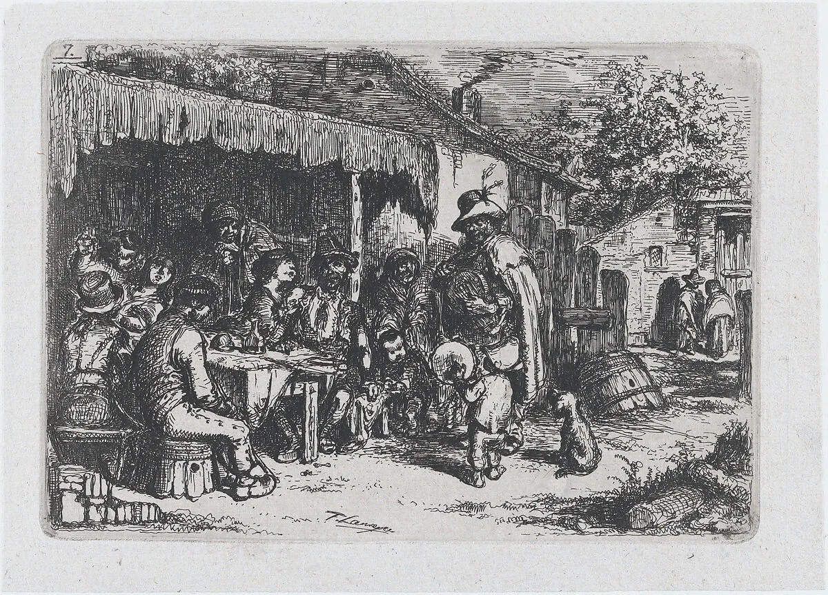 Plate 7: a street musician and a child accomplice playing before a group of seated figures , from the series of customs and pastimes of the Spanish people — Francisco Lameyer y Berenguer