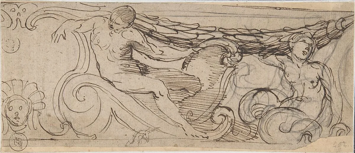 Design for a Frieze: A Nude Man, Sea Creature, a Garland and Volutes, Small head of Unicorn — Anonymous, Italian, Roman-Bolognese, 17th century