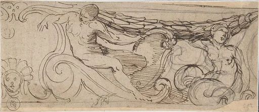 Design for a Frieze: A Nude Man, Sea Creature, a Garland and Volutes, Small head of Unicorn