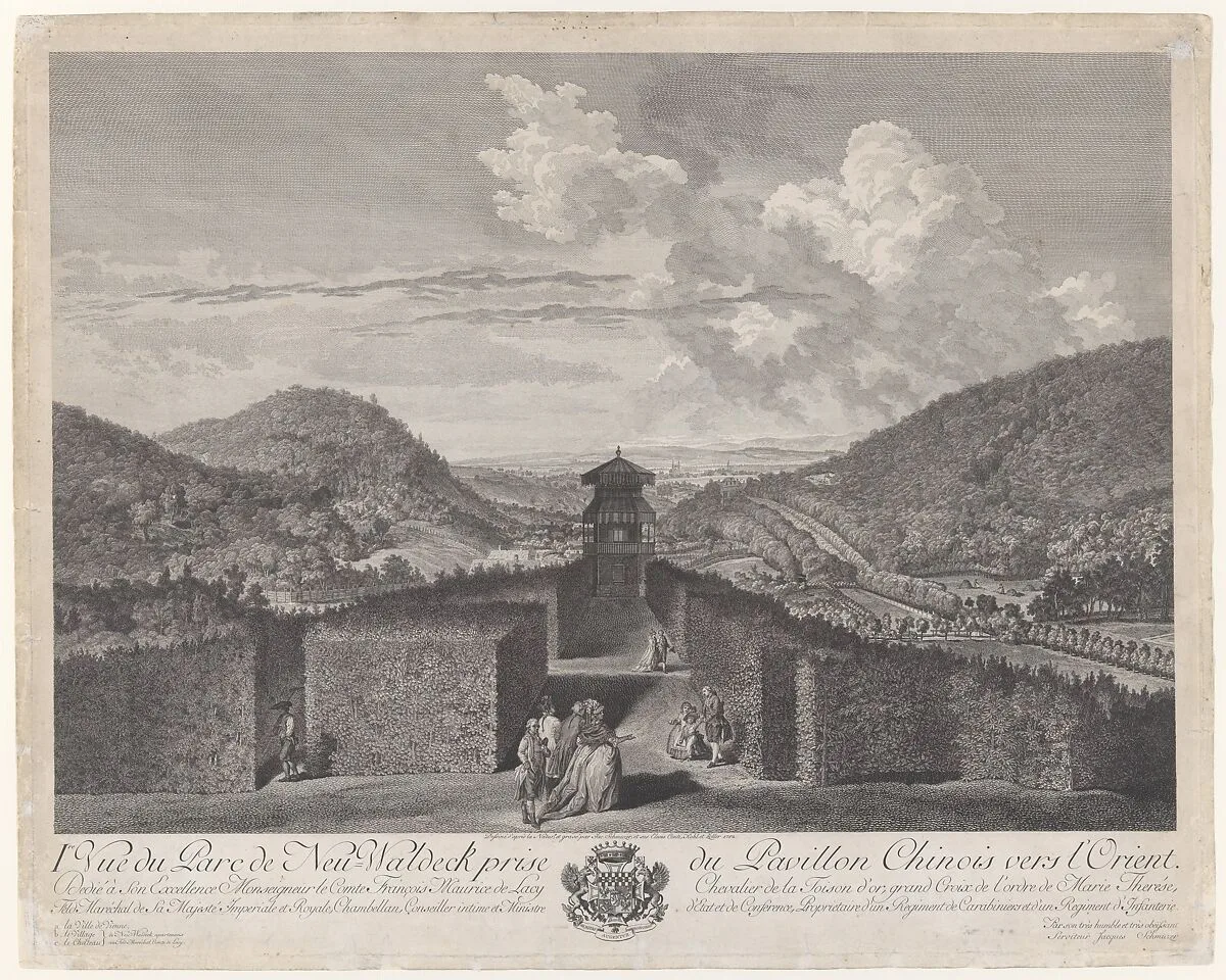 Ier Vue du Parc de Neu-Waldeck prise du Pavillon Chinois vers l'Orient, from Views of the Park and Gardens of Marshal Count de Lacy at Neu-waldegg — Jakob Matthias Schmutzer|Carl Conti|Clemens Kohl|Franz Karl Zoller