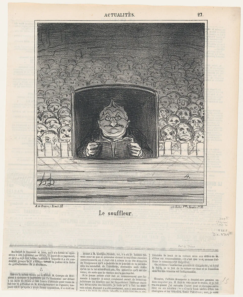 The prompter, from 'News of the day,' published in Le Charivari, February 7, 1870 — Honoré Daumier|Arnaud de Vresse|Destouches|Marie Joseph Louis Adolphe Thiers