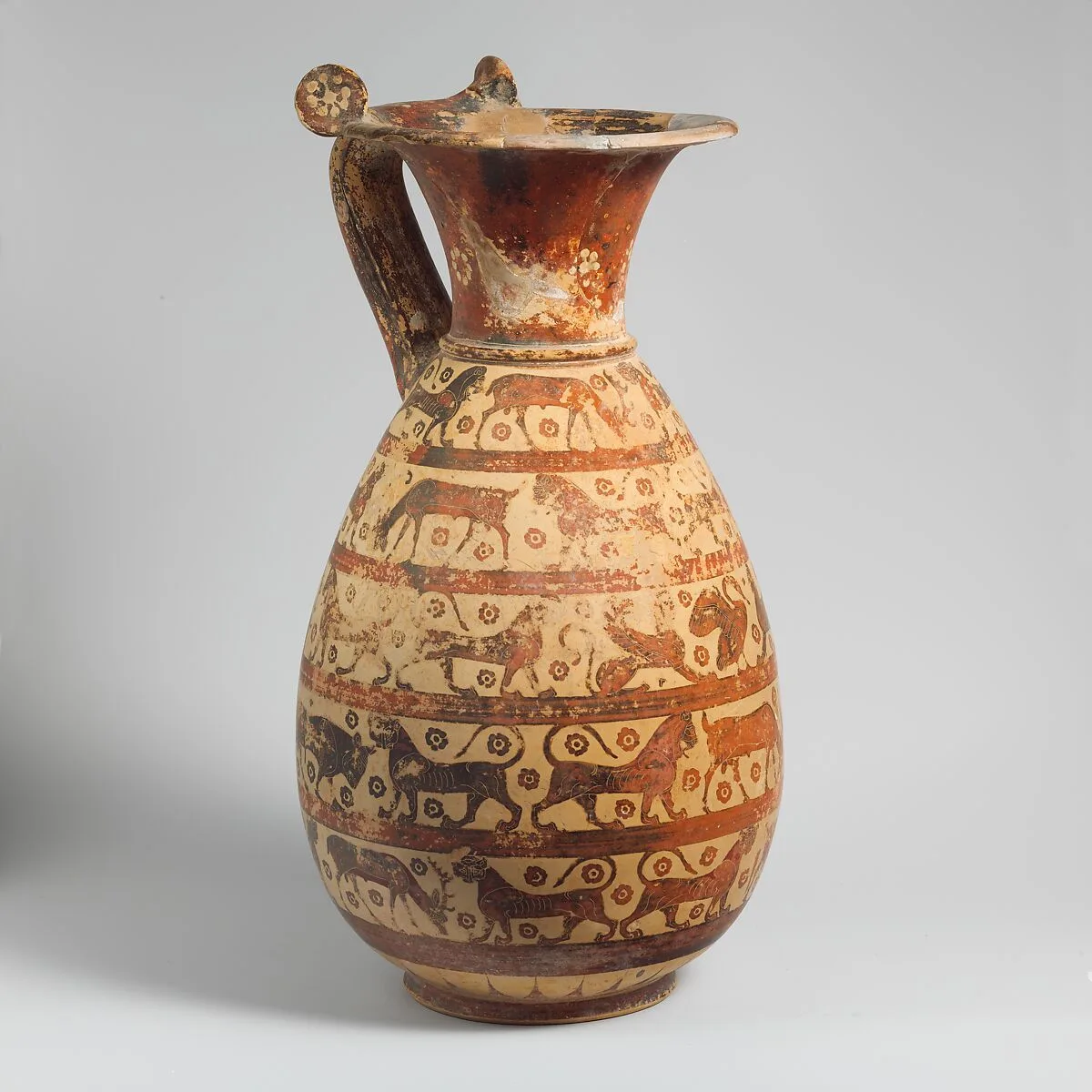 Terracotta oinochoe:olpe (jug) — Sphinx Painter
