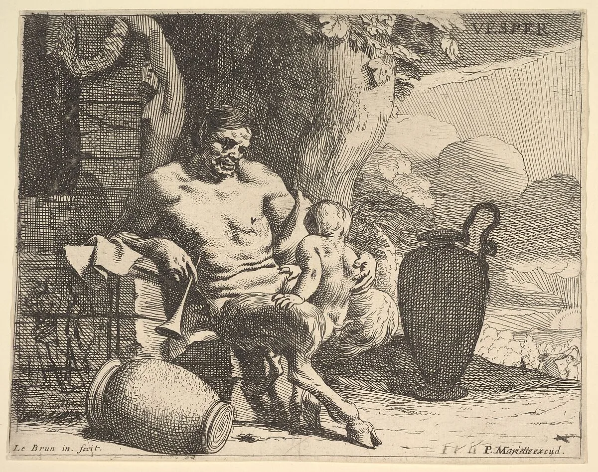 Evening: a seated satyr clasps his child, a figure hangs a garland on a pier beyond, from the series "Hours of the day" — Charles Le Brun|Pierre Mariette