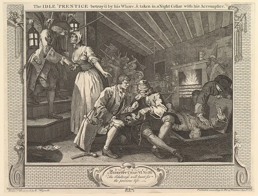 The Idle 'Prentice Betrayed by his Whore and Taken into a Night Cellar with his Accomplice: Industry and Idleness, plate 9