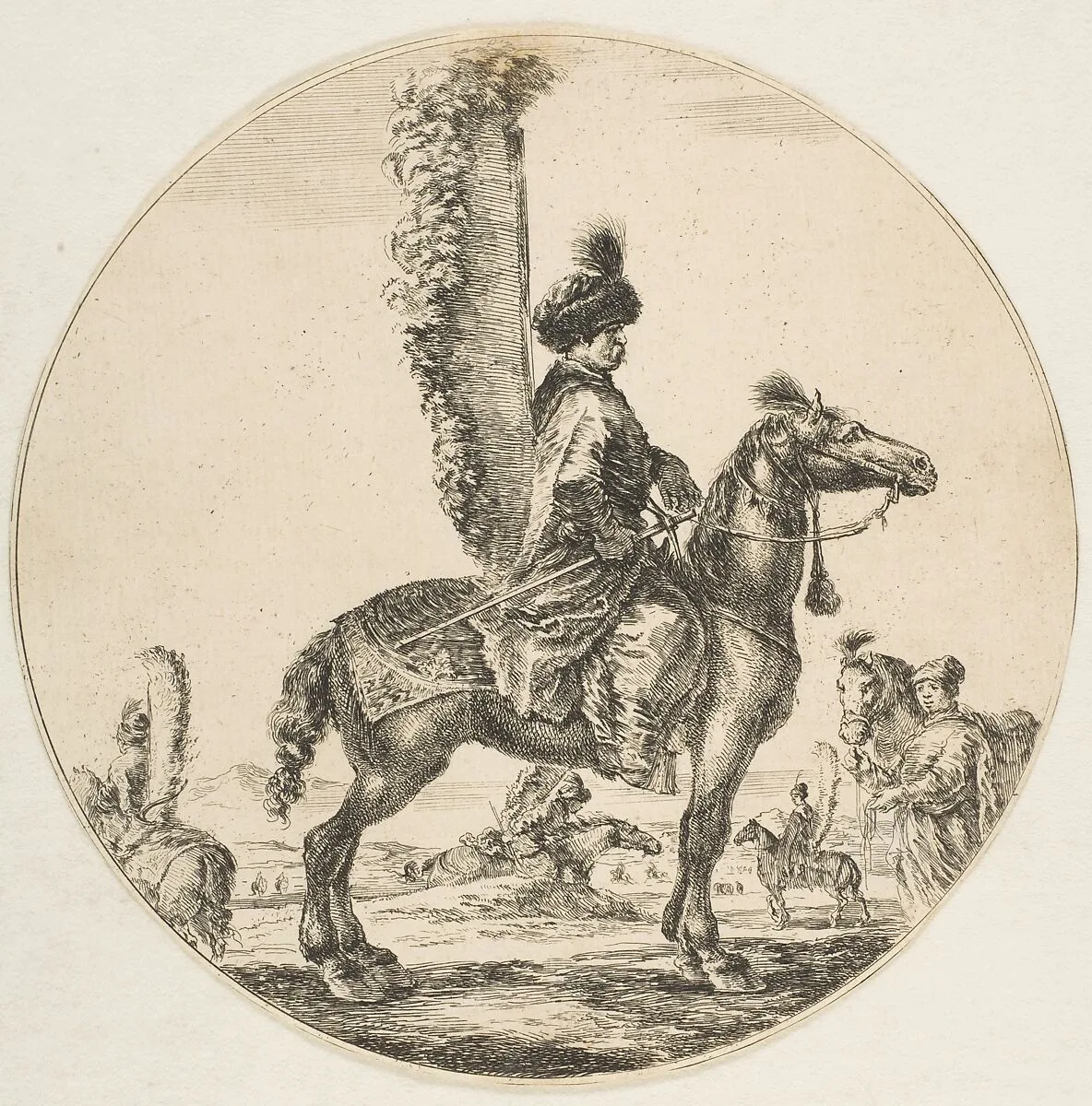 Polish hussar in profile facing right with wings attached to his back, a circular composition, from "Figures on Horseback" (Cavaliers nègres, polonais et hongrois) — Stefano della Bella