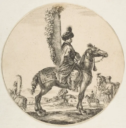 Polish hussar in profile facing right with wings attached to his back, a circular composition, from "Figures on Horseback" (Cavaliers nègres, polonais et hongrois)
