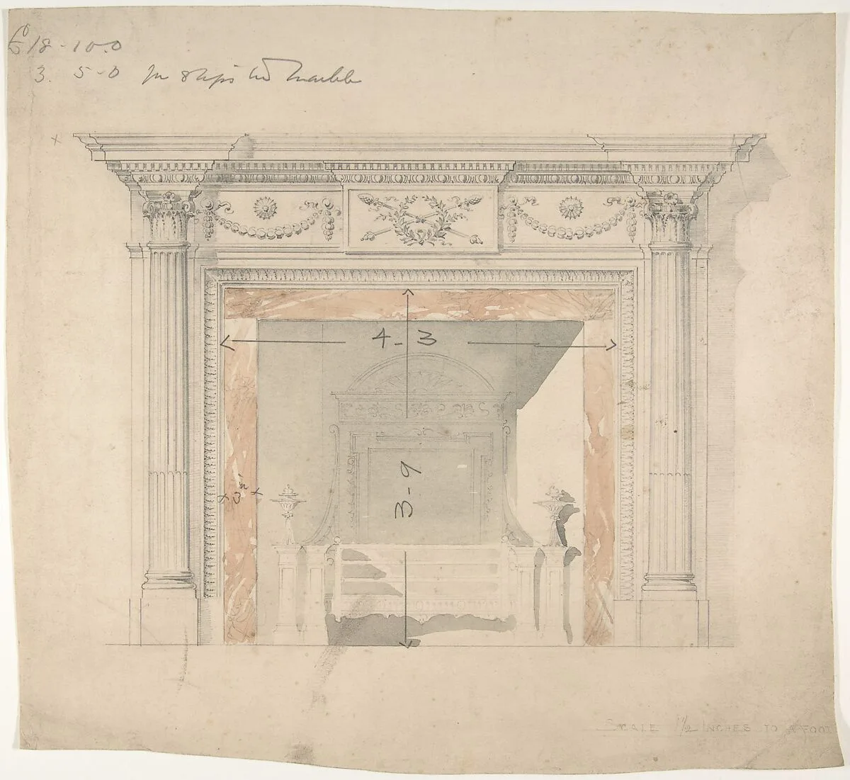 Design for an Adam-style Mantel, with a Marble Surround and Iron Firebox — Anonymous, British, late 18th–early 19th century