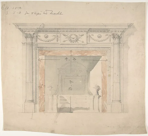 Design for an Adam-style Mantel, with a Marble Surround and Iron Firebox