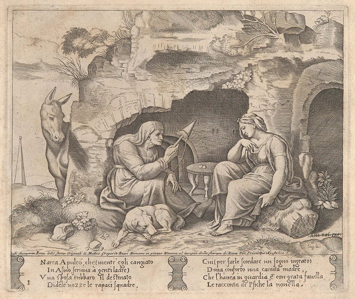 Plate 1: Apuleius changed into a donkey, listening to the story told by the old woman, from "The Story of Cupid and Psyche as told by Apuleius" — Master of the Die|Matteo Gregorio Rossi|Antonio Salamanca|Michiel Coxie (I)