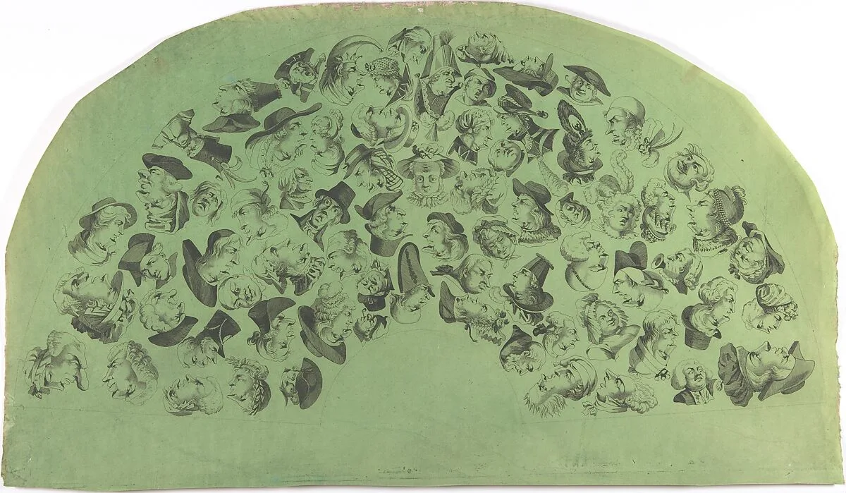 Fan Leaf Decorated with Caricatures and Reversible Heads — Anonymous, French, early 19th century