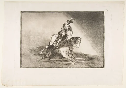 Plate 10 from "La Tauromaquia": Charles V spearing a bull in the ring at Valladolid