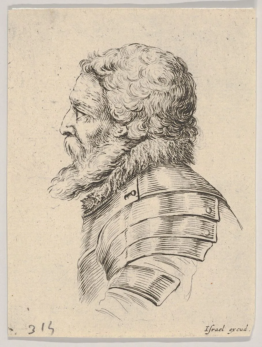 Plate 7: bust of a bearded soldier wearing armor, facing left in profile, from 'Various heads and figures' (Diverses têtes et figures) — Stefano della Bella|Israël Henriet