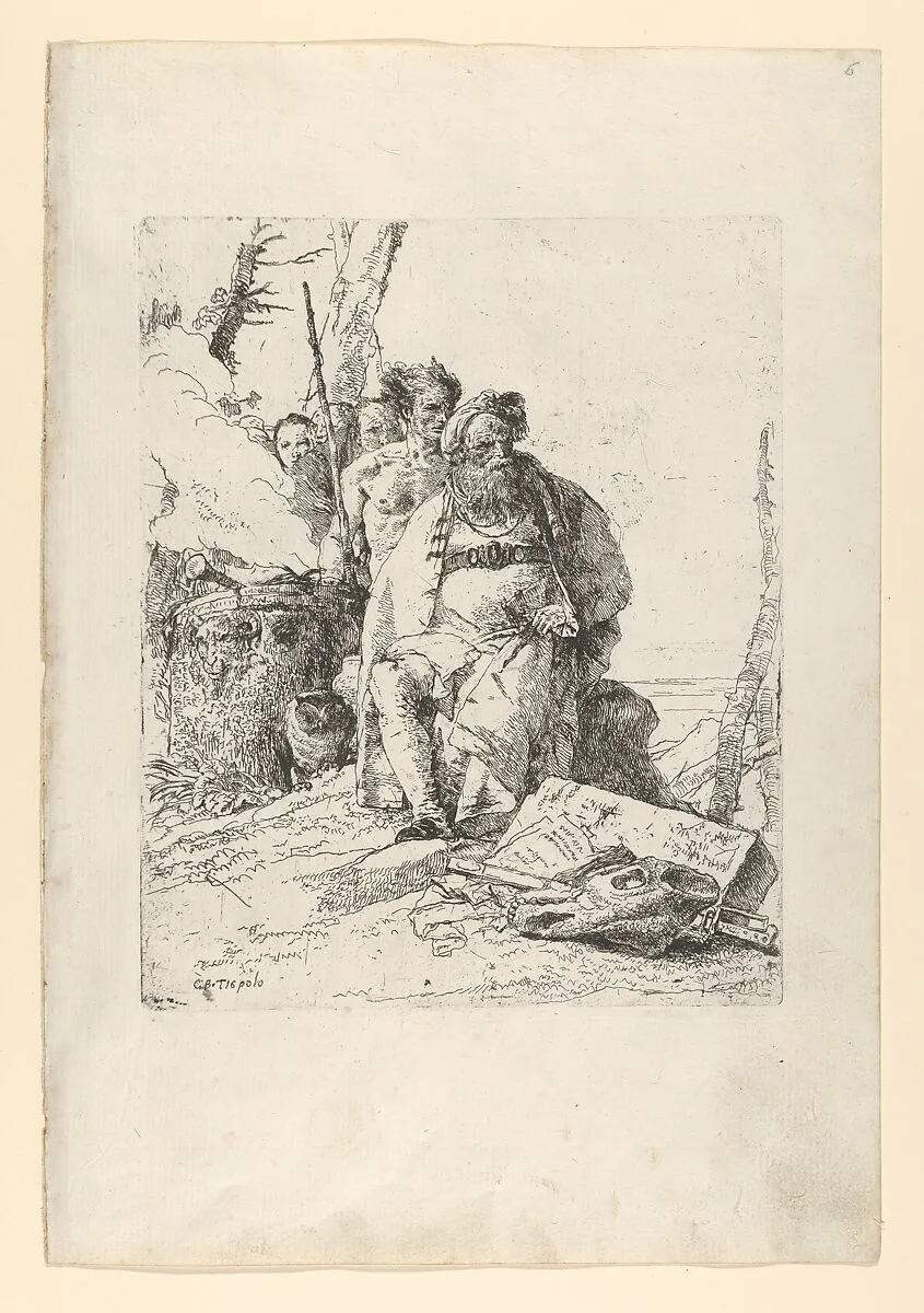 Magician with four Figures near a smoking Altar, from the Scherzi — Giovanni Battista Tiepolo