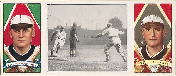 "Birmingham Gets to Third," with Charles E. Street and Walter Johnson, from the series Hassan Triple Folders (T202) — Hassan Cigarettes