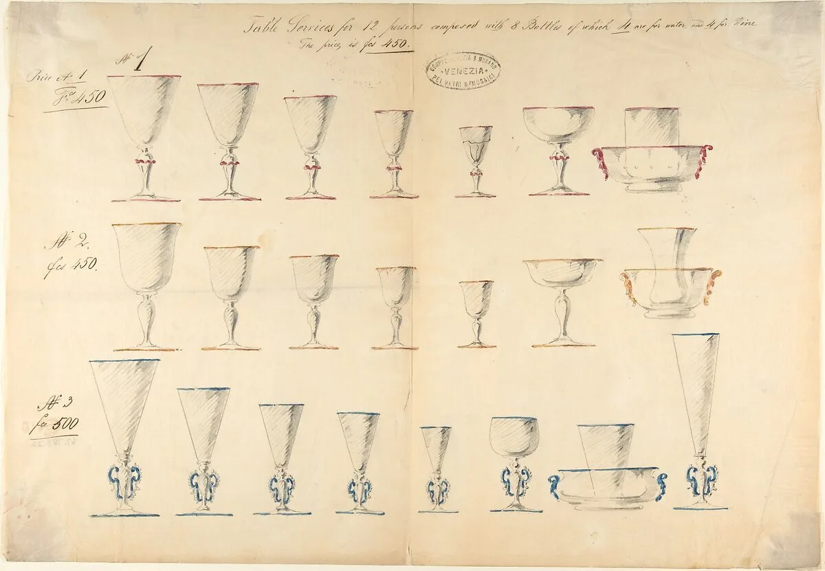 One of Twenty-Three Sheets of Drawings of Glassware (Mirrors, Chandeliers, Goblets, etc.) — Compagnia di Venezia e Murano
