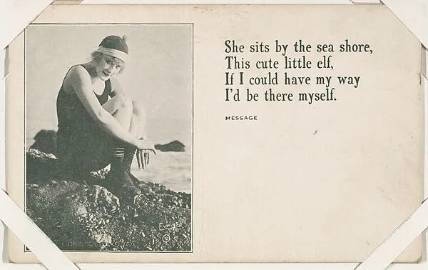 Bathing beauty on rock with message from Mack Sennett Comedies Arcade series (W423) — Unknown