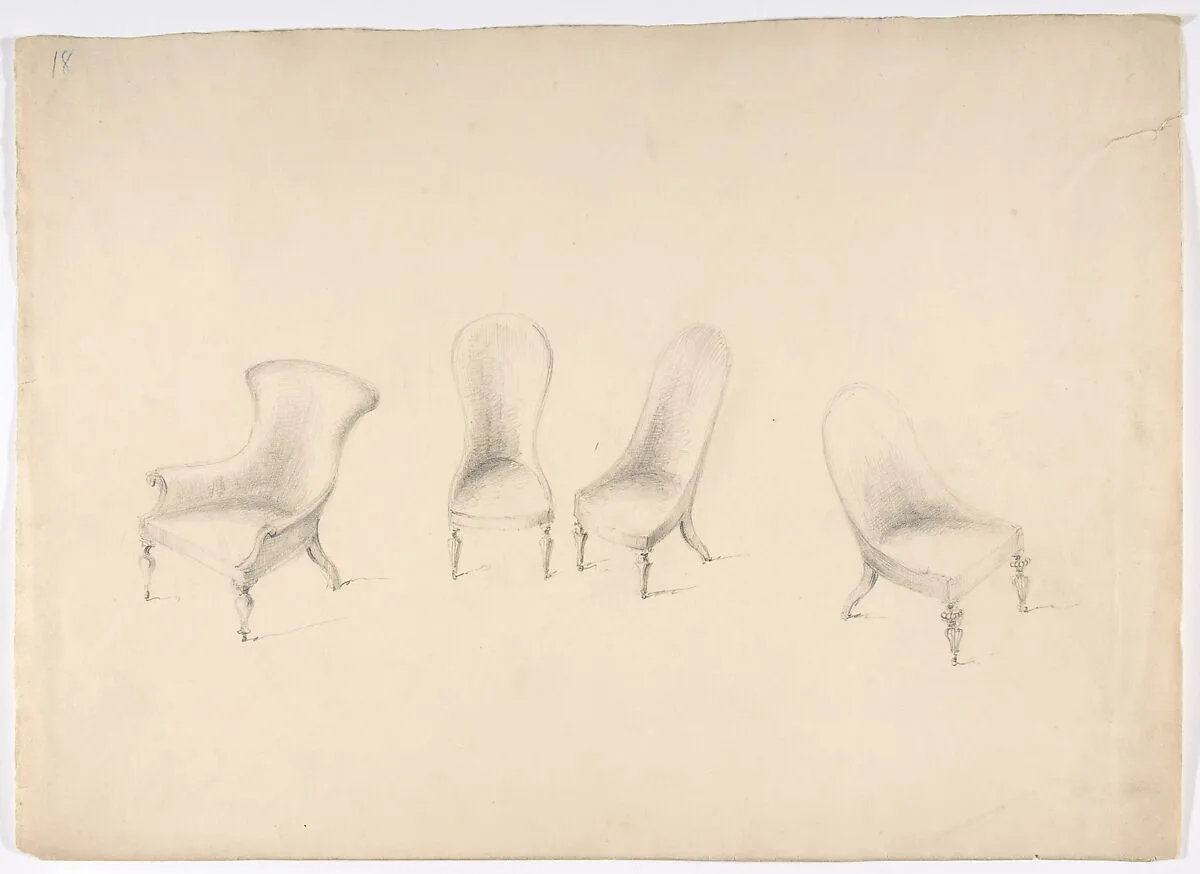 Design for Four Uphostered Chairs on Casters, One with Arms — Anonymous, British, 19th century