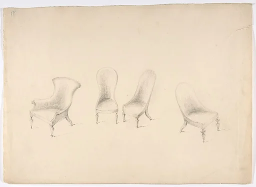 Design for Four Uphostered Chairs on Casters, One with Arms