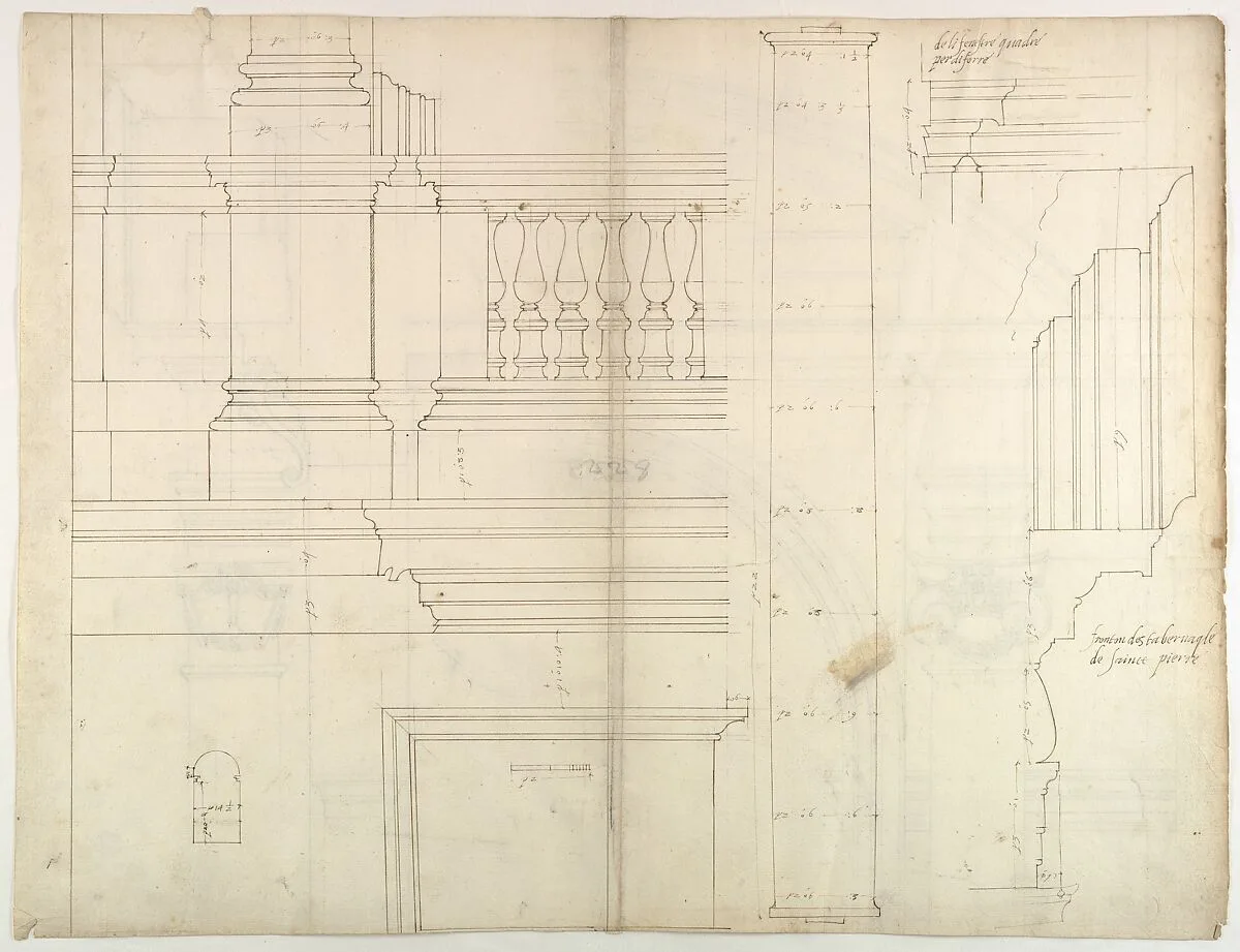 St. Peter's, exterior, tabernacle, elevation and section at base with details of pedestal and railing, (recto)St. Peter's, exterior, tabernacle, elevation and section at arched opening (verso) — Anonymous, French, 16th century