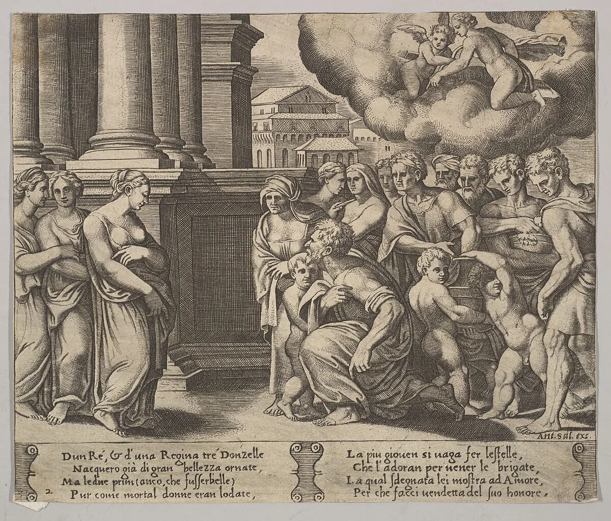 Plate 2: the people rendering divine honors to Psyche, from "The Fable of Psyche" — Master of the Die|Antonio Salamanca|Michiel Coxie (I)