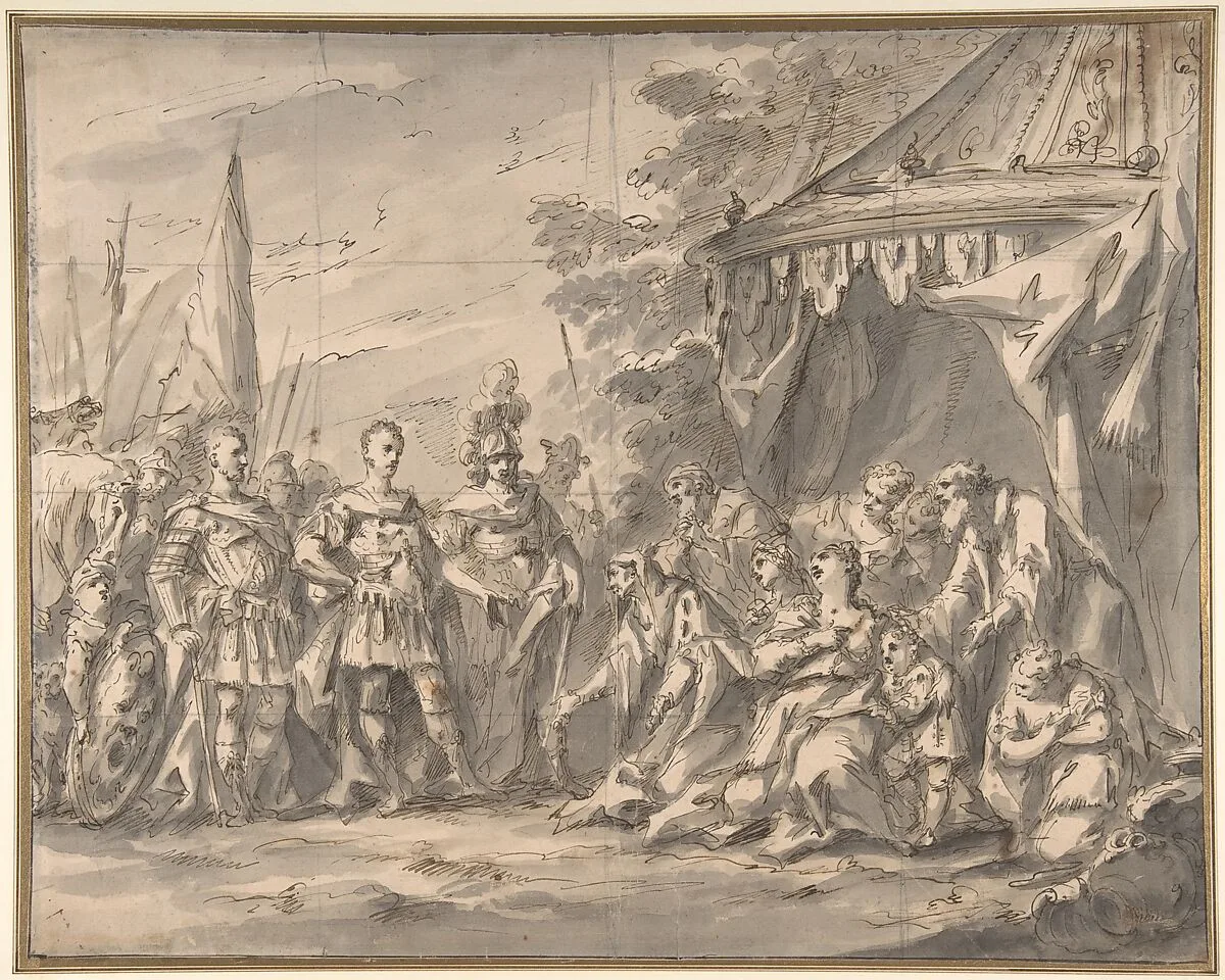 The Family of Darius before Alexander (recto); Sketch of a Horse-Drawn Cart, and Studies of Male Heads and an Infant (verso) — Gaspare Diziani