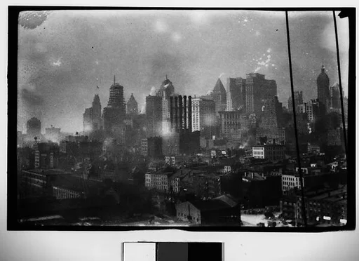 [Manhattan Skyline With Brooklyn Bridge Cables in Foreground, New York City]