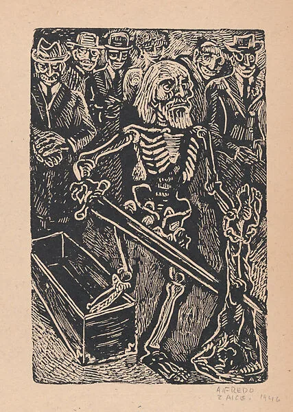 Miguel Hidalgo as a skeleton rising from a coffin holding a sword, illustration for 'Hidalgo' — Alfredo Zalce