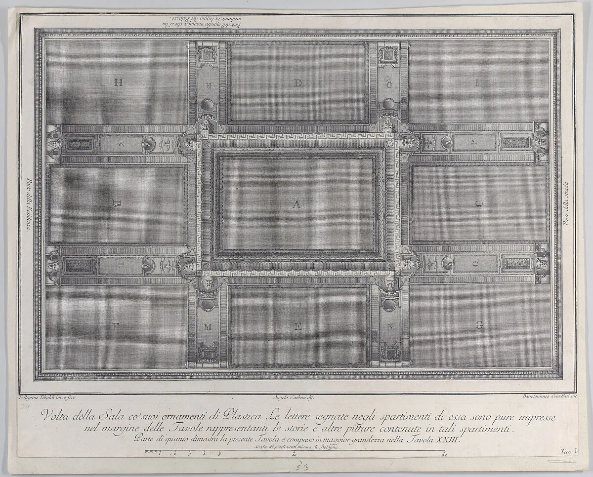 Plate 5: view of the ceiling with its ornaments and frescoed paintings — Pellegrino Tibaldi|Angelo Carboni|Bartolomeo Crivellari|Giampietro Zanotti