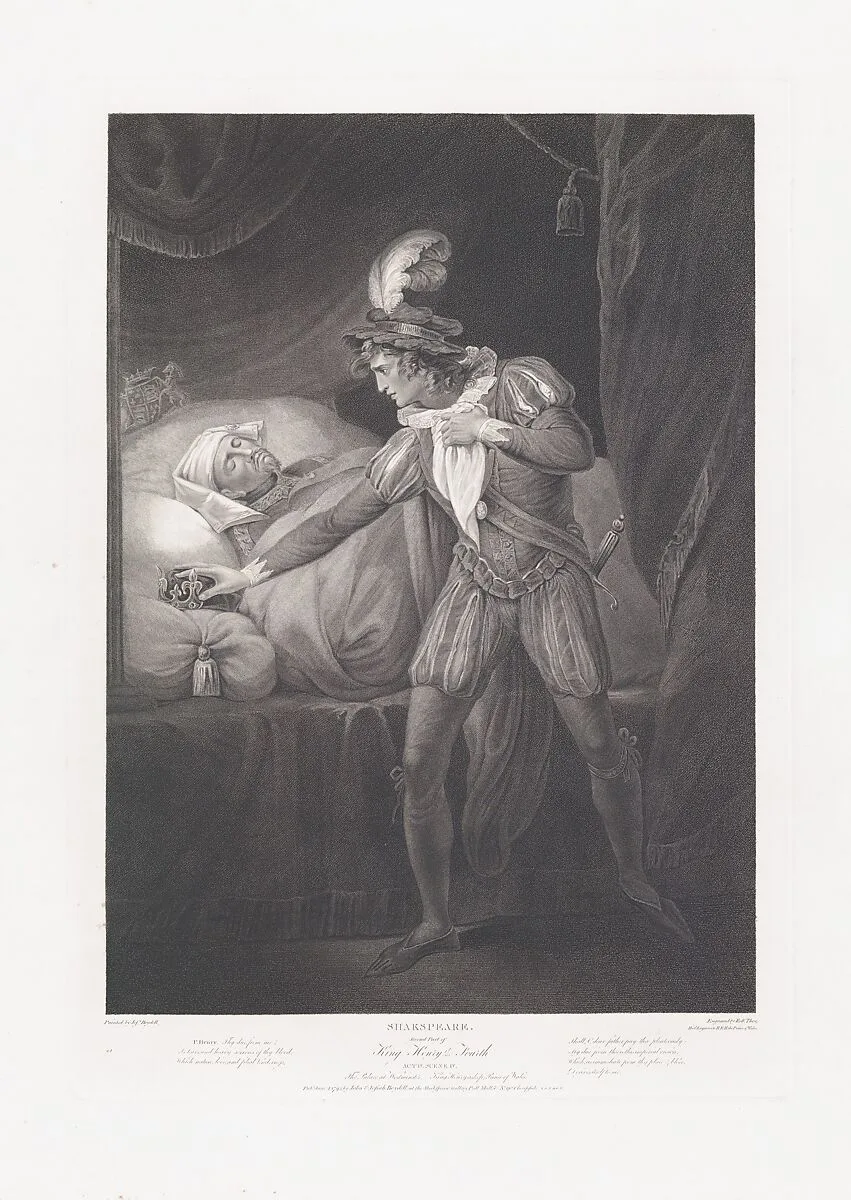 The Palace at Westminster: King Henry and the Prince of Wales (Shakespeare, King Henry IV, Part 2, Act 4, Scene 4) — Shearjashub Spooner|John & Josiah Boydell|Robert Thew|Josiah Boydell|William Shakespeare