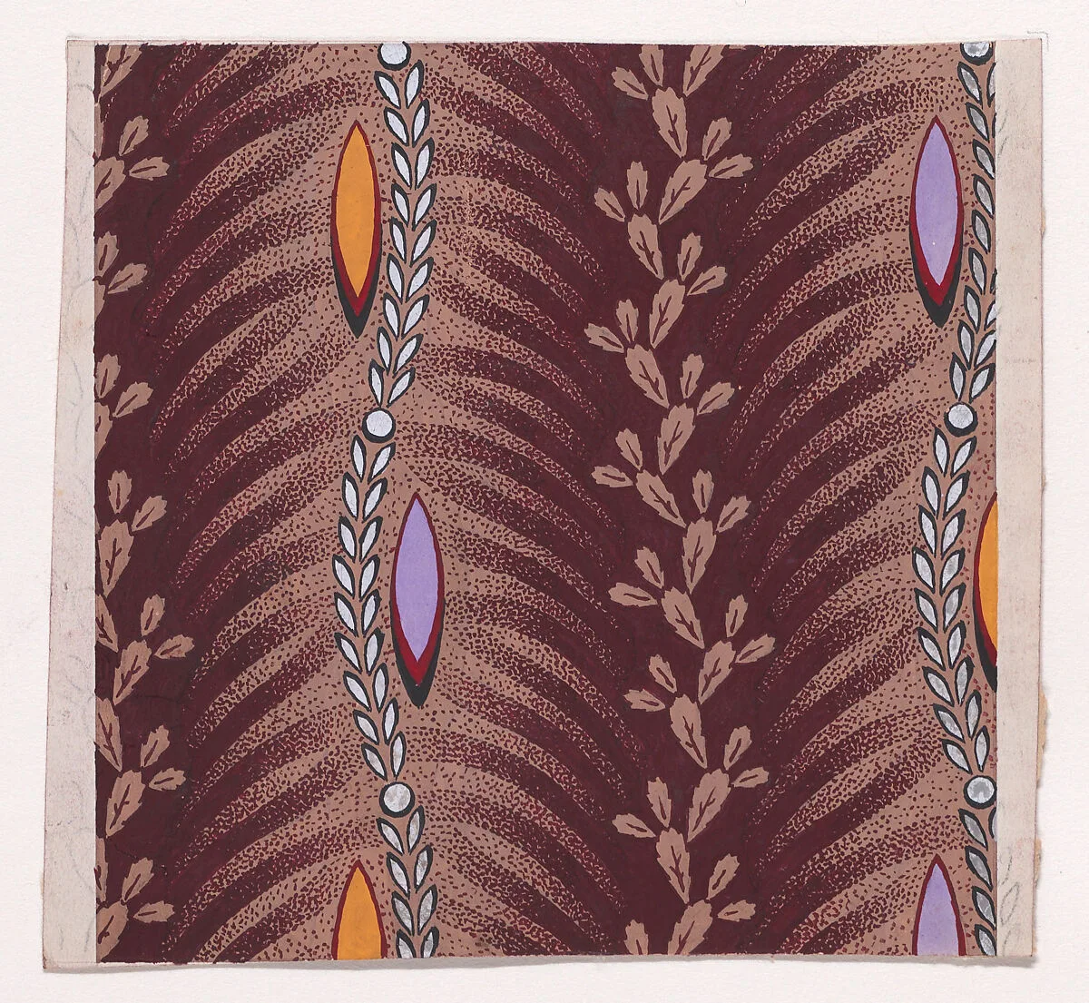 Textile Design with Vertical Undulating Garlands of Stylized Leaves with Offsetting Stylized Palm Leaves Separated by Vertical Undulating Garlands of Leaves and Pearls with Alternating Shuttle-Shaped Motifs — Anonymous, Alsatian, 19th century