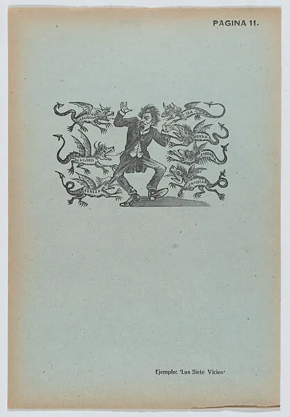 Page 11: a man being terrorised by winged demons representing the seven vices, from '36 Grabados' (Mexico, 1943) — Arsacio Vanegas Arroyo|José Guadalupe Posada