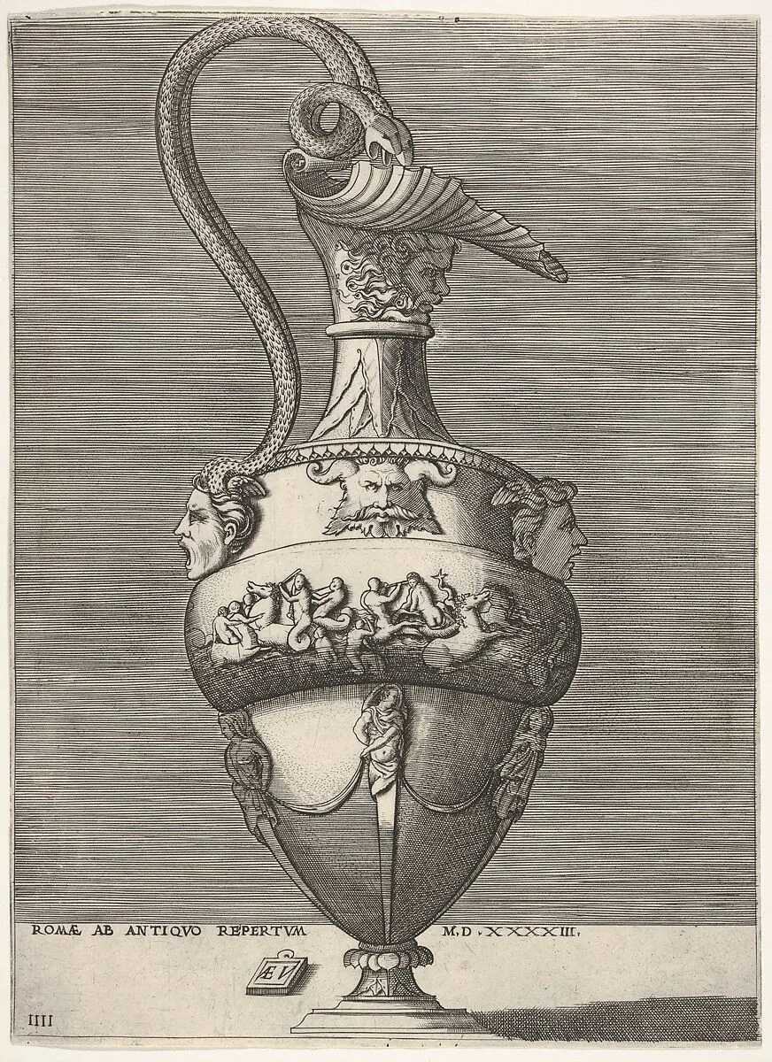 Antique Ewer with a Handle in the Shape of Two Snakes coming from the Head of Medusa below, from Vases after the Antique — Enea Vico