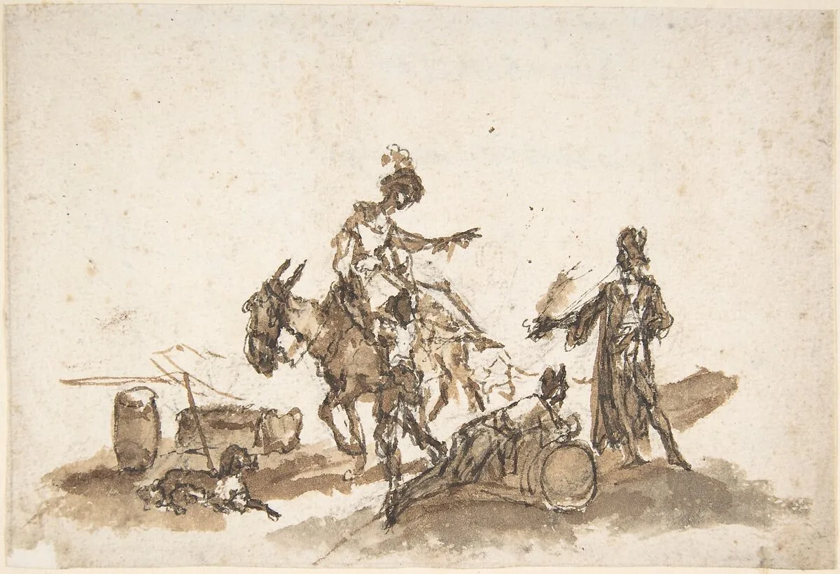 Man Assisting a Woman to Mount a Horse, with Two Other Figures and a Dog — Giuseppe Bernardino Bison