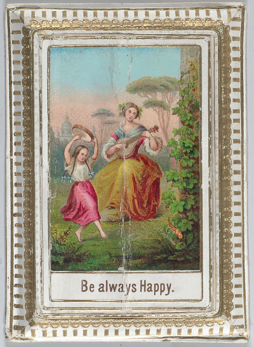 Mechanical box-shaped greeting card: dancing and bucholic scene, Cupid brings bouquets. — Anonymous
