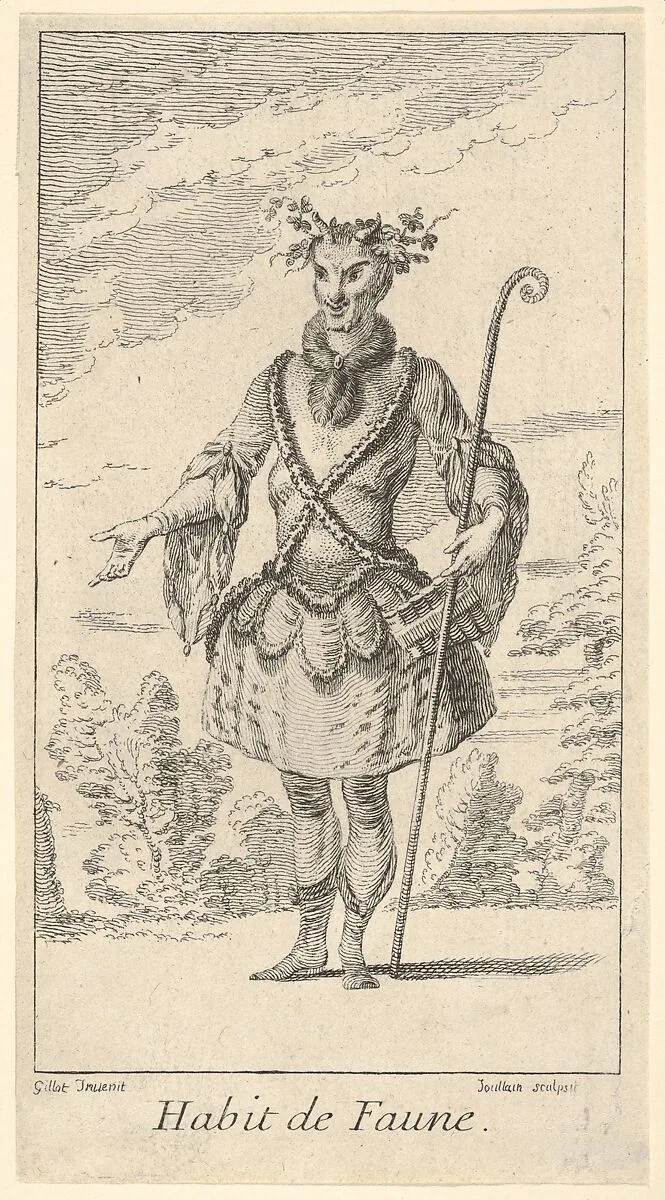 Habit de Faune: a faun wearing a tonnelet with a flute attached, a cane in his right hand and vines around his horns, from 'New designs for costumes' (Nouveaux desseins d'habillements à l'usage des balets operas et comedies) — Claude Gillot|François Joullain